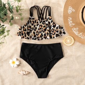 2pcs Kid Girl Leopard Print Camisole and Black Briefs Swimsuit Set