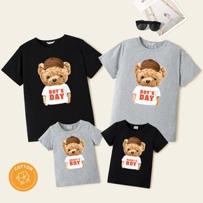 Teddy Bear Print Black Round Neck Cotton Short-sleeve T-shirts for Dad and Me