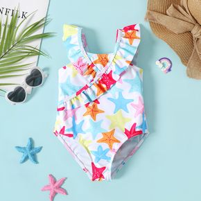 Toddler Girl Starfish Print Ruffled Sleeveless Onepiece Swimsuit