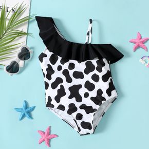 Toddler Girl Flounce Cow Print Sleeveless Onepiece Swimsuit
