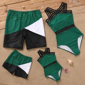 Family Matching Webbing Spliced Halter Neck One-Piece Swimsuit and Colorblock Swim Trunks Shorts