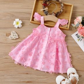 Baby Girl 3D Floral Appliques Mesh Flutter-sleeve Button Up Dress