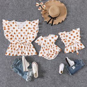 Mommy and Me Polka Dots V Neck Ruffle-sleeve Self-tie Tops