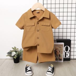 2pcs Toddler Boy Lapel Collar Button Design Short-sleeve Khaki Shirt and Shorts Set