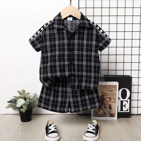 2pcs Toddler Boy Plaid Lapel Collar Short-sleeve Shirt and Black Shorts Set