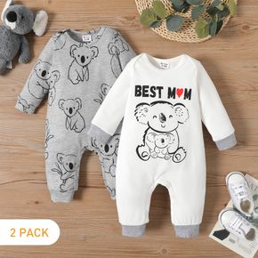 2-Pack Baby Boy/Girl 95% Cotton Long-sleeve Cartoon Koala Print Jumpsuits Set