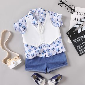 2pcs Baby Boy Waistcoat Faux-two Necktie Design Blue Floral Print Top and Solid Shorts Set