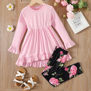 2pcs Kid Girl Ruffled High Low Long-sleeve Pink Tee and Floral Print Leggings Set