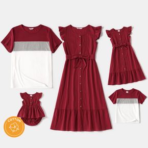 Passende Familienkleider aus 100 % Baumwolle mit fester Struktur und strukturierten Flatterärmeln und Kurzarm-T-Shirt-Sets in Farbblock-Optik