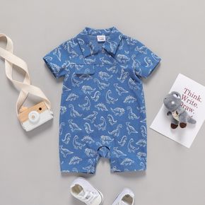 Baby Boy Allover Dinosaur Print Blue Denim Short-sleeve Snap Romper