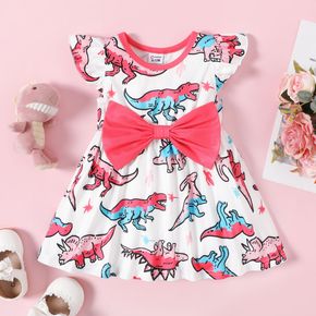 Baby Girl Bow Front Allover Dinosaur Print Flutter-sleeve Dress