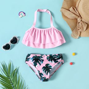 2pcs Toddler Girl Ruffled Pink Halter Top and Floral Leaf Print Briefs Swimsuit Set