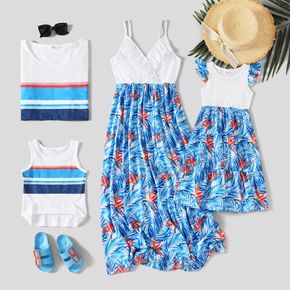 Family Matching Solid V Neck Spaghetti Strap Splicing Plant Print  Dresses and 100% Cotton Sleeveless Tank Tops Sets