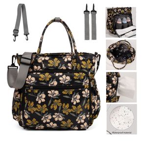 Floral Pattern Diaper Bag Tote Waterproof Large Capacity Satchel Travel Diaper Tote with Stroller Straps for Mom and Dad