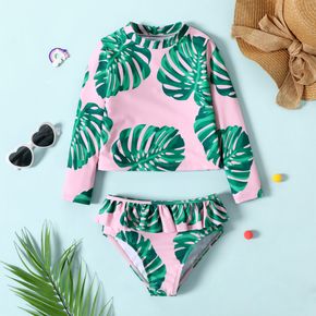 2pcs Toddler Girl Floral Leaf Print Long-sleeve Top and Ruffled Briefs Swimsuit Set