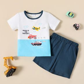 Sleepy Eyes Toddler Boy 2pcs 100% Cotton Vehicle Print Color Block Short-sleeve White T-shirt Top and Solid Blue Shorts Set