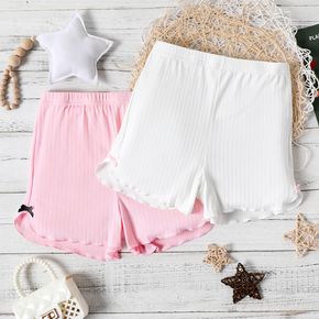 Shorts de design bowknot com acabamento de alface com nervuras de cor sólida para menina infantil