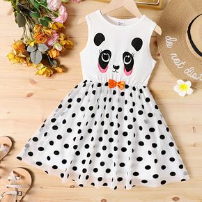 Kind Mädchen Panda Print Polka Dots Mesh Splice Bowknot Design ärmelloses Kleid
