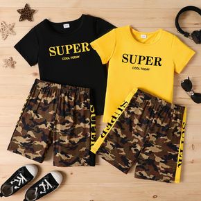 2-teiliges Kurzarm-T-Shirt mit Buchstabenaufdruck für Kinder und Shorts mit Camouflage-Aufdruck