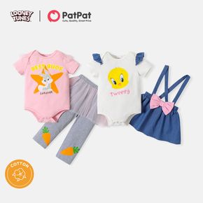 Looney Tunes 2pcs Baby Girl 95% Cotton Ruffle Short-sleeve Graphic Romper with Suspender Skirt/Pants Set