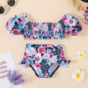 2pcs Baby Girl Swimwear Allover Floral Print Off Shoulder Puff-sleeve Shirred Crop and Ruffle Trim Shorts Set