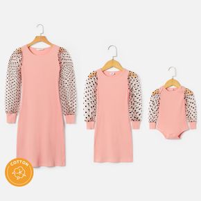 Polka Dot Mesh Sleeve Fitted Matching Pink Mini Dresses