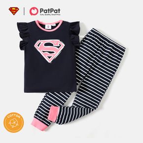 Superman 2-teiliges Kinder-Mädchen-Set mit klassischem Logo-T-Shirt und gestreifter Hose aus Baumwolle