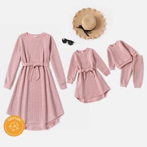 Pink Cable Knit Textured Round Neck Long-sleeve Belted Dress for Mom and Me