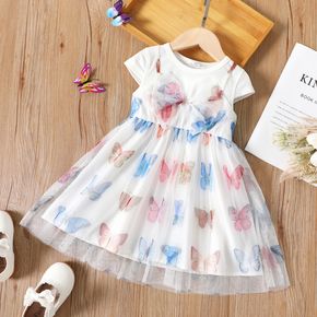 Toddler Girl Butterfly Print Mesh Bowknot Design Short-sleeve Dress