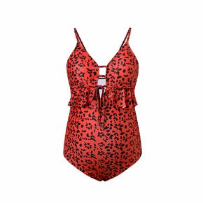 Maternity Red Leopard Print Ruffle Trim Lace Up One Piece Swimsuit