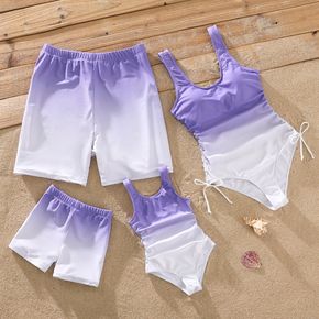 Family Matching Purple Ombre Drawstring One-Piece Swimsuit and Swim Trunks Shorts