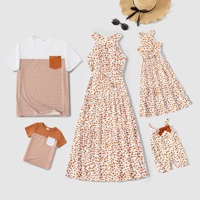 Family Matching Allover Dots Print Halter Neck Sleeveless Maxi Dresses and Colorblock Striped Short-sleeve T-shirts Sets