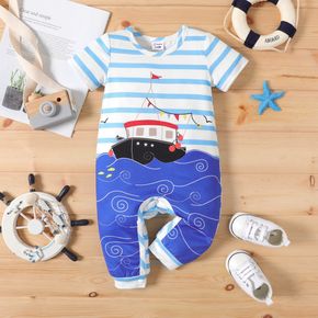 Baby Boy Sailboat Print Colorblock Striped Short-sleeve Jumpsuit