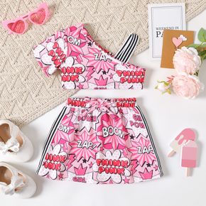 2pcs Baby Girl Allover Graffiti Letter Print One Shoulder Strap Short-sleeve Crop Top and Skirt Set