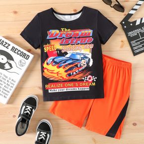 2pcs Kid Boy Letter Vehicle Print Short-sleeve Black Tee and Colorblock Shorts Set