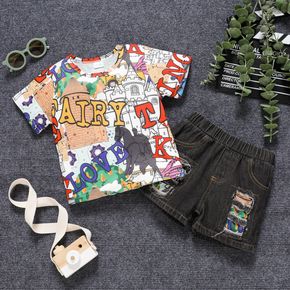 2pcs Toddler Boy Playful Ripped Denim Shorts and Letter Painting Print Tee Set