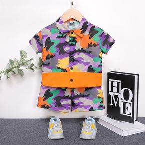 2pcs Toddler Boy Camouflage Print Coloblock Lapel Collar Short-sleeve Shirt and Shorts Set
