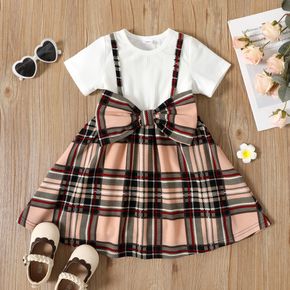 Toddler Girl Faux-two Bowknot Design Plaid Short-sleeve Dress