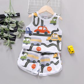 2pcs Toddler Boy Vehicle Car Print Tank Top and Elasticized Shorts Set