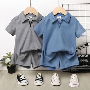 2pcs Toddler Boy Solid Color Lapel Collar Zipper Design Short-sleeve Waffle Tee and Elasticized Shorts Set