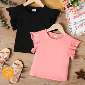 Kid Girl 100 % Baumwolle, einfarbiges Rüschen-Kurzarm-T-Shirt
