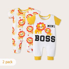 2-Pack Baby Boy/Girl 95% Cotton Short-sleeve Cartoon Lion Print Jumpsuits Set