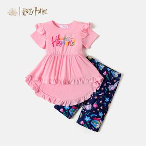 Harry Potter 2-teiliges Kinder-Mädchen-Buchstabendruck-Rüschen-High-Low-Kurzarm-Rosa-T-Shirt und Allover-Print-Shorts-Set
