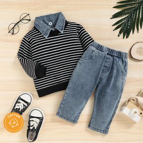 2pcs Baby Boy/Girl 100% Cotton Jeans and Contrast Collar Striped Long-sleeve Sweatshirt Set