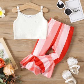 2pcs Baby Girl Knitted Floral Applique Camisole and Striped Flared Pants Set