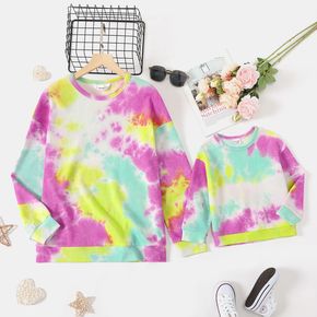 Tie Dye Round Neck Long-sleeve Waffle Pullover Sweatshirts for Mom and Me