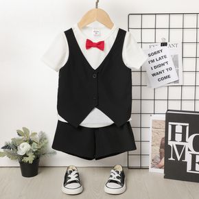 2pcs Toddler Boy Gentleman Suit, Faux-two Vest & Bow tie Design Tee and Black Shorts Set