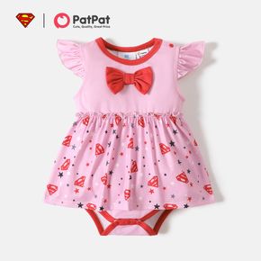 Superman Baby Girl Flutter-sleeve Bow Front Frill Trim Allover Print Romper Dress