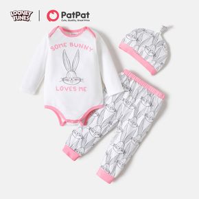 Looney Tunes 3pcs Baby Girl Long-sleeve Graphic Romper and Allover Print Pants with Hat Set