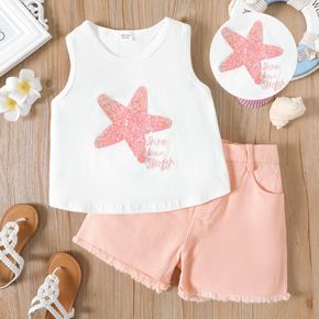 2pcs Kid Girl Sequin Starfish Pattern Tank Top and Pink Design Shorts Set